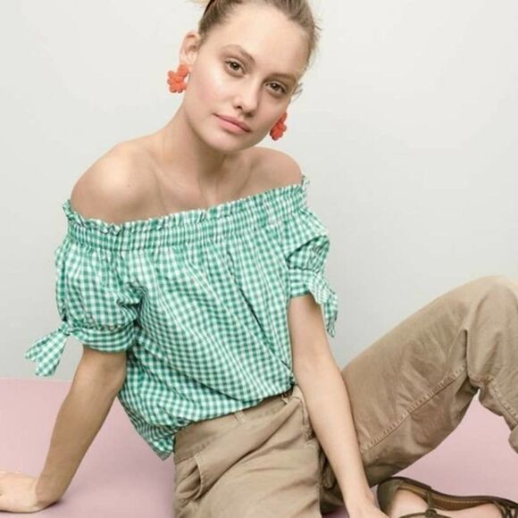 J. Crew White Green Gingham Off the Shoulder Top - Picture 3 of 10